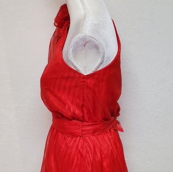 VINTAGE 1970s Shangri-La Red Pinstripe One-Shoulder Belted Midi Dress ILGWU - Picture 12 of 16